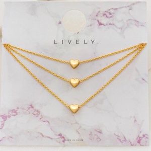 Gold Tone Three Strand Heart and Chain Necklace